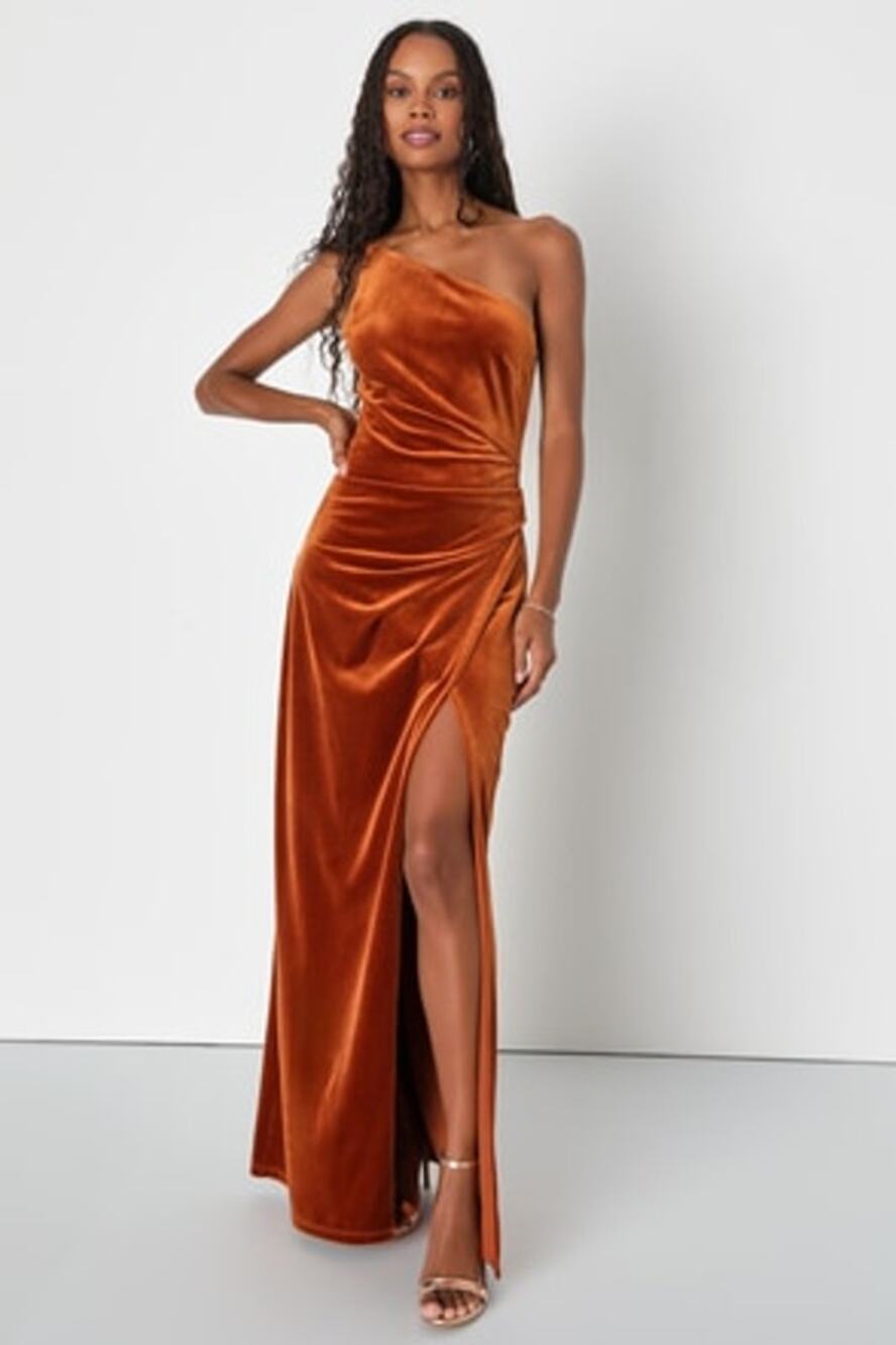 NWT Lulus Coveted Confidence Rust Velvet One Shoulder Maxi Dress L Wedding Guest